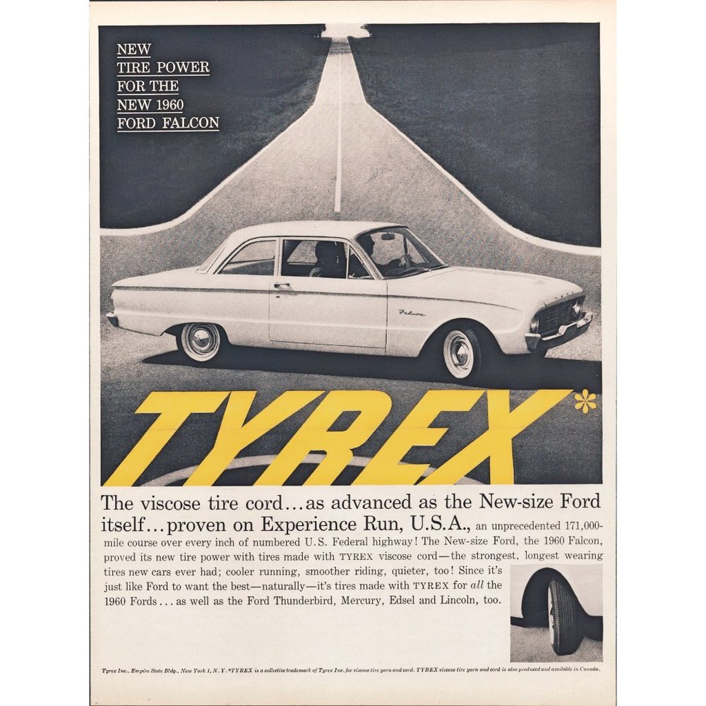 1959 Tyrex Vintage Print Ad 1960 Ford Falcon 2 Lane Highway Viscose Wall Art 50s